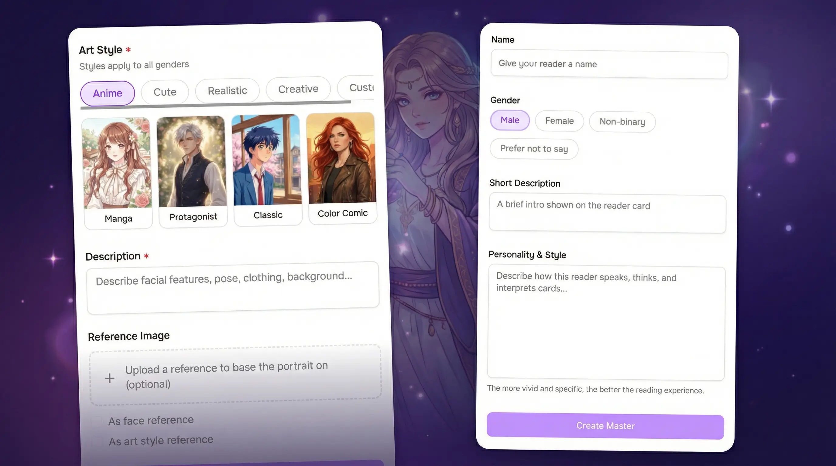 Custom tarot reader builder interface preview
